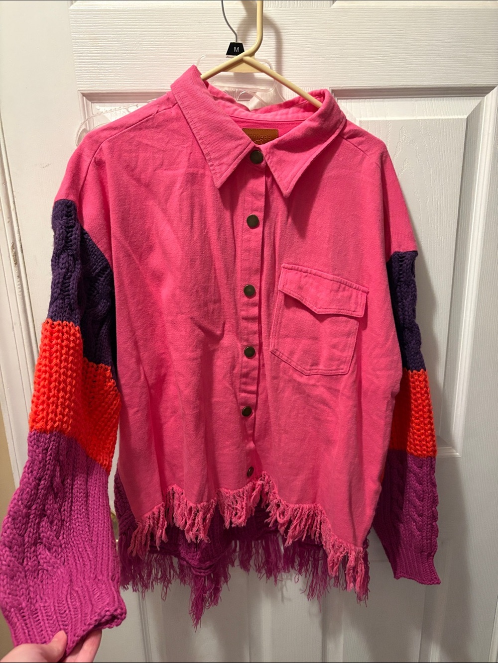Umgee pink denim snap jacket with colorblock sweater sleeves